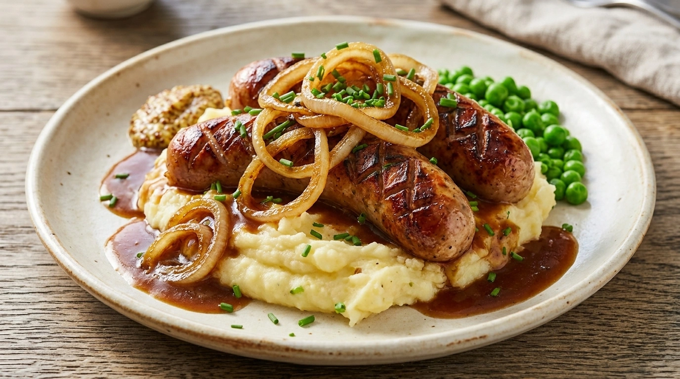 Kycklingkorv med potatismos och brun sås